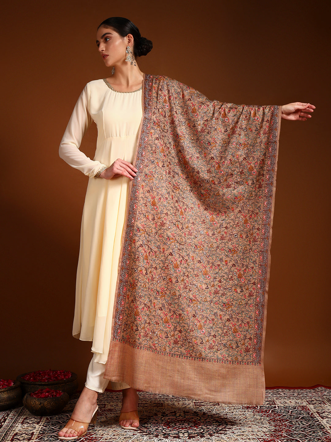 Pashmoda Women Shabnum 100% Pure Wool Sozni Hand Embroidered Stole (Size-71 × 203 cm)