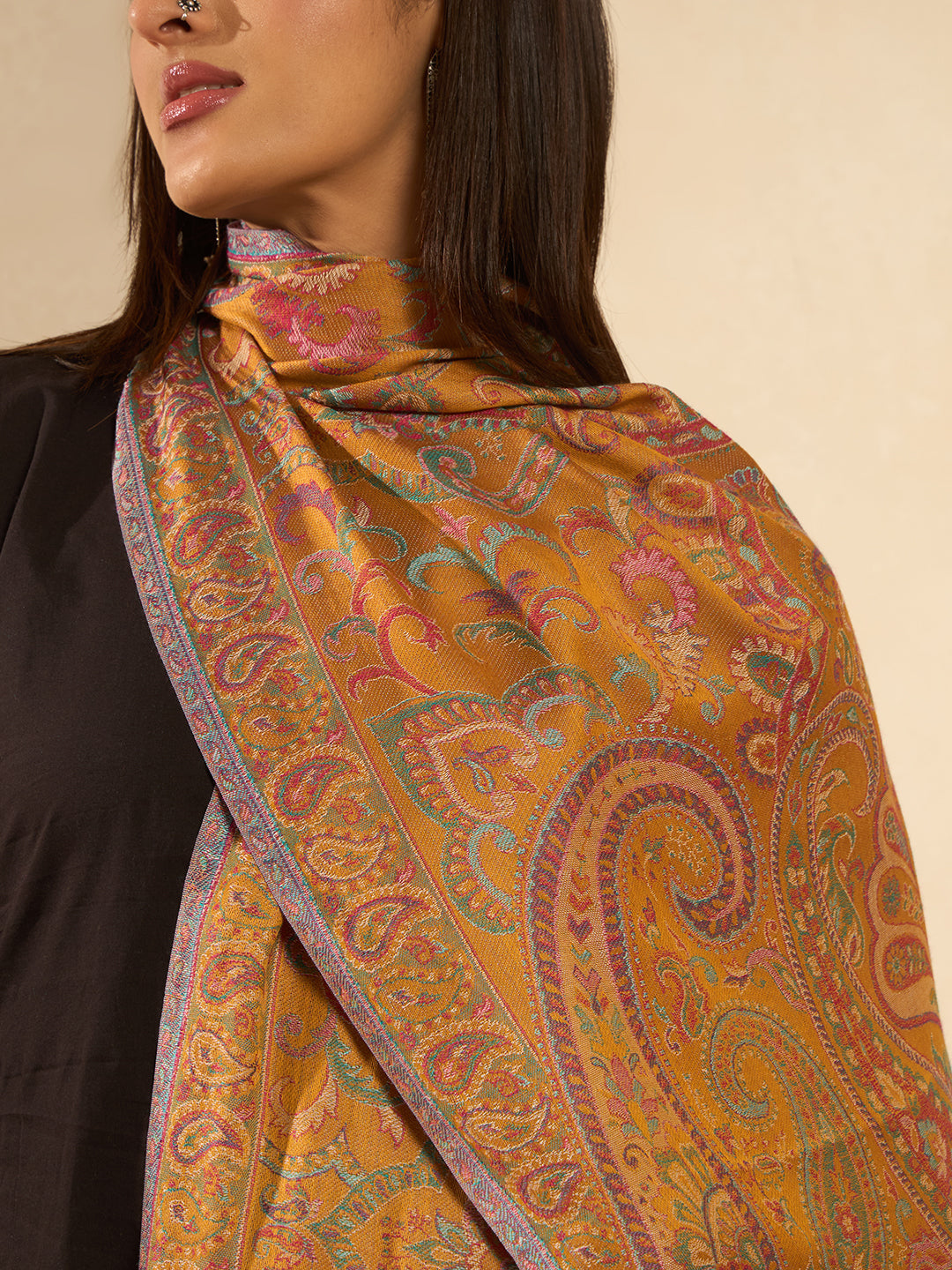 Pashmoda  Imperial Ambi Kaani Stole for Women, Wool Blend Pashmina Style Shawl Wrap, Traditional Kashmiri Jamawar Woven Design, Luxury Evening & Festive Scarf (28 x 80 Inches)