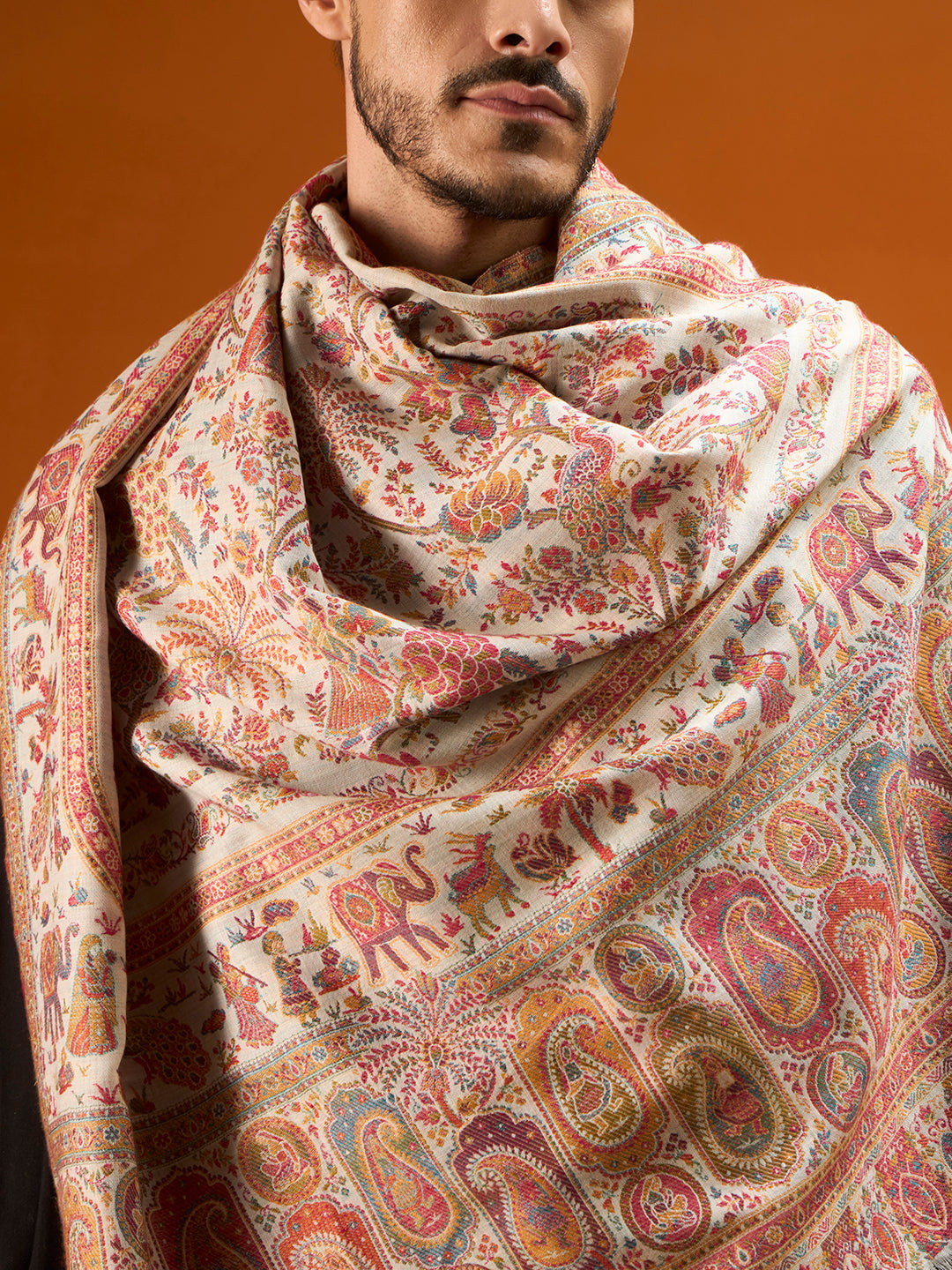 Pashmoda Men Kaani Orchard Fine Wool Kaani Shawl, Authentic Kashmiri Pashmina Style Wrap, Medium Gents Lohi, Traditional Jamawar Woven Design, Gift Box Packed, White Colour (40 x 80 Inches)