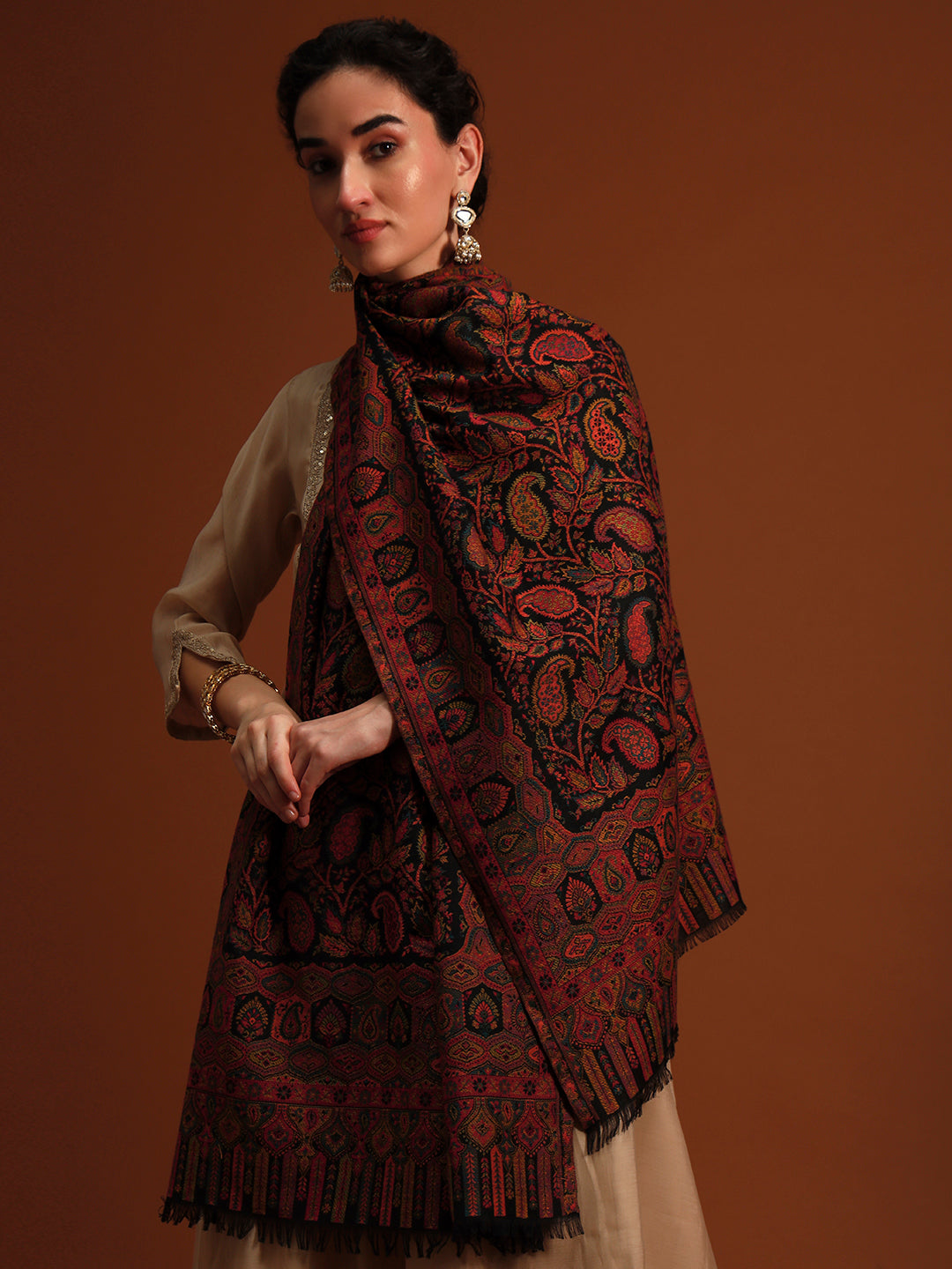Pashmoda  Imperial Gulzar kaani stole Stole for Women, Wool Blend Pashmina Style Shawl Wrap, Traditional Kashmiri Jamawar Woven Design, Luxury Evening & Festive Scarf (28 x 80 Inches)