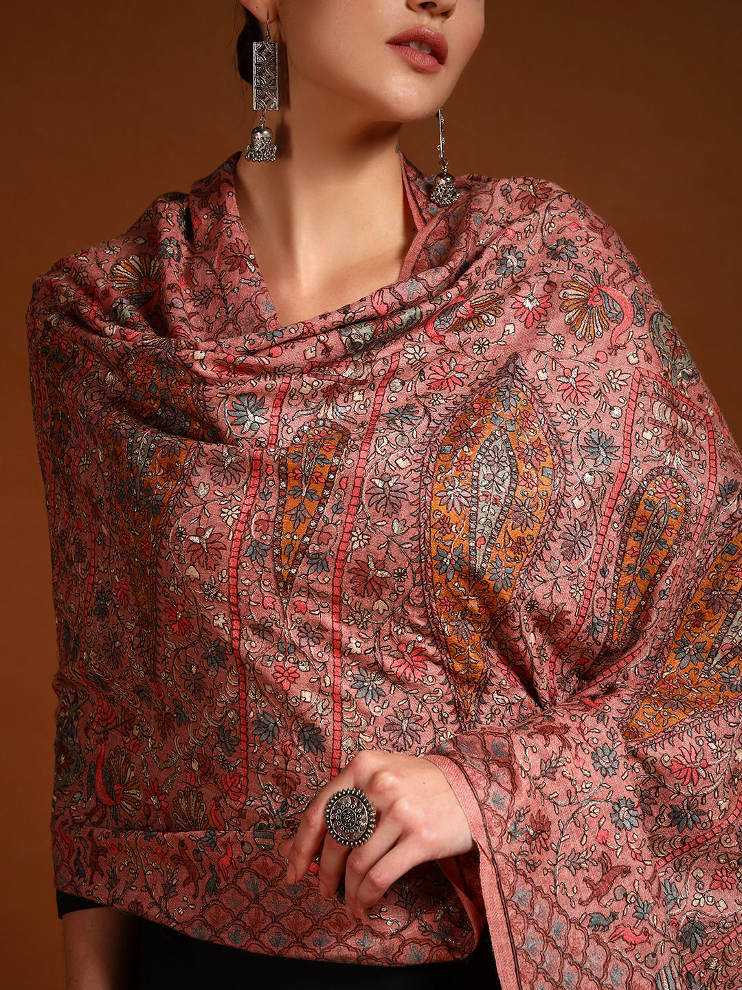 Pashmoda Women Nafeesah 100% Pure Wool Sozni Hand Embroidered Stole (Size-71x203cm)
