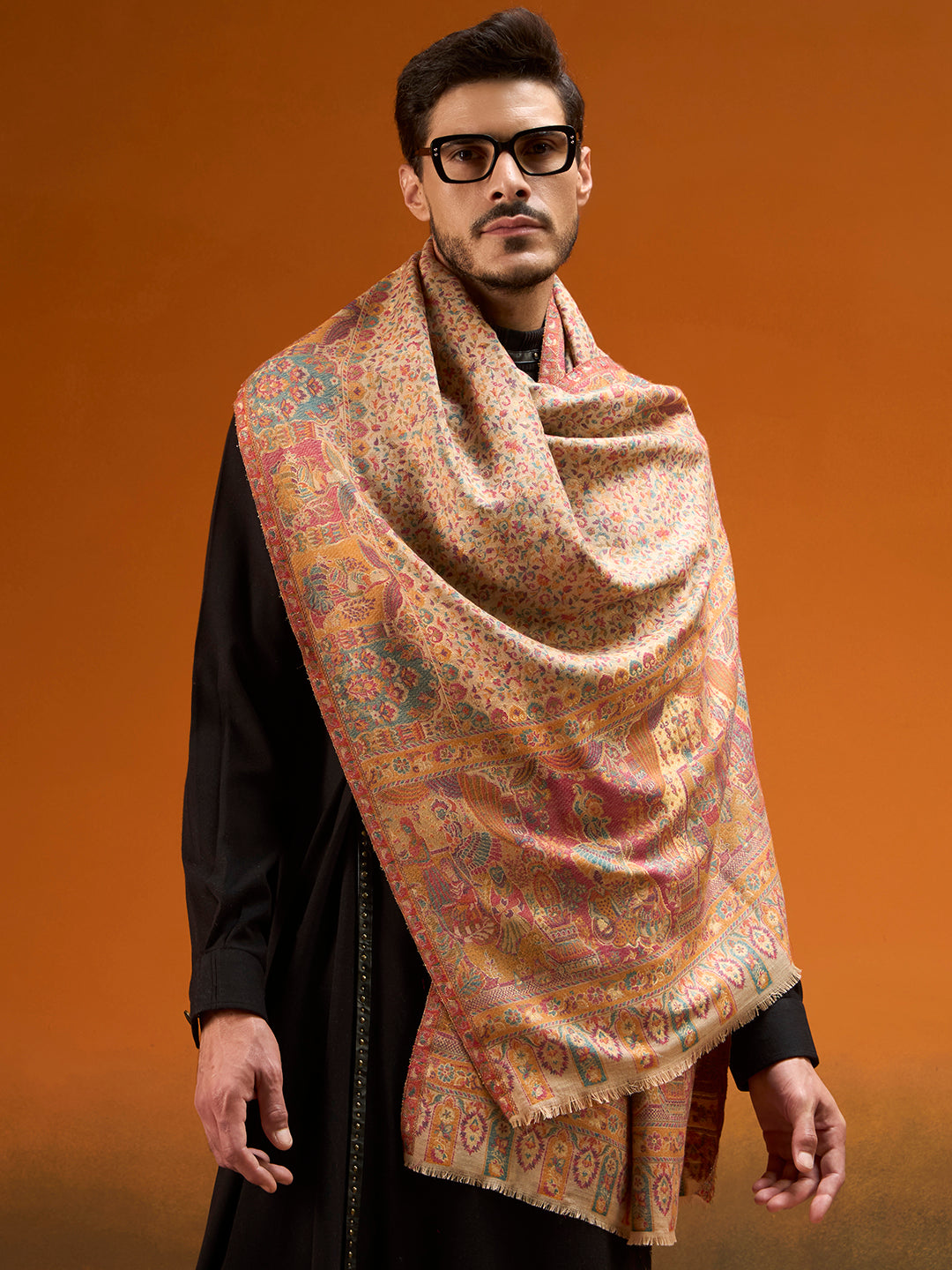 Pashmoda Men Persian Court Fine Wool Kaani Shawl, Authentic Kashmiri Pashmina Style Wrap, Medium Gents Lohi, Traditional Jamawar Woven Design, Gift Box Packed, Beige Colour (40 x 80 Inches)
