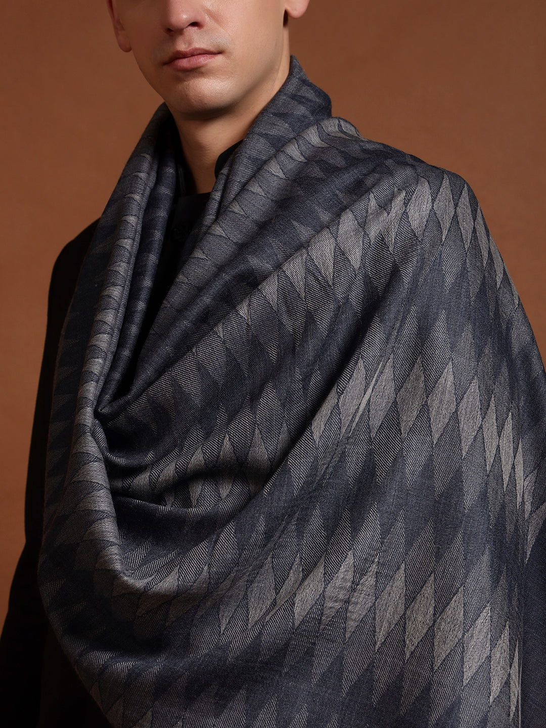Pashmoda Men 100% Pure Wool Checkered Ikat Stole, Natural & Sustainable Shawl Wrap, Heritage Kashmiri Pashmina Style, Blue2 Colour (28 x 80 Inches)