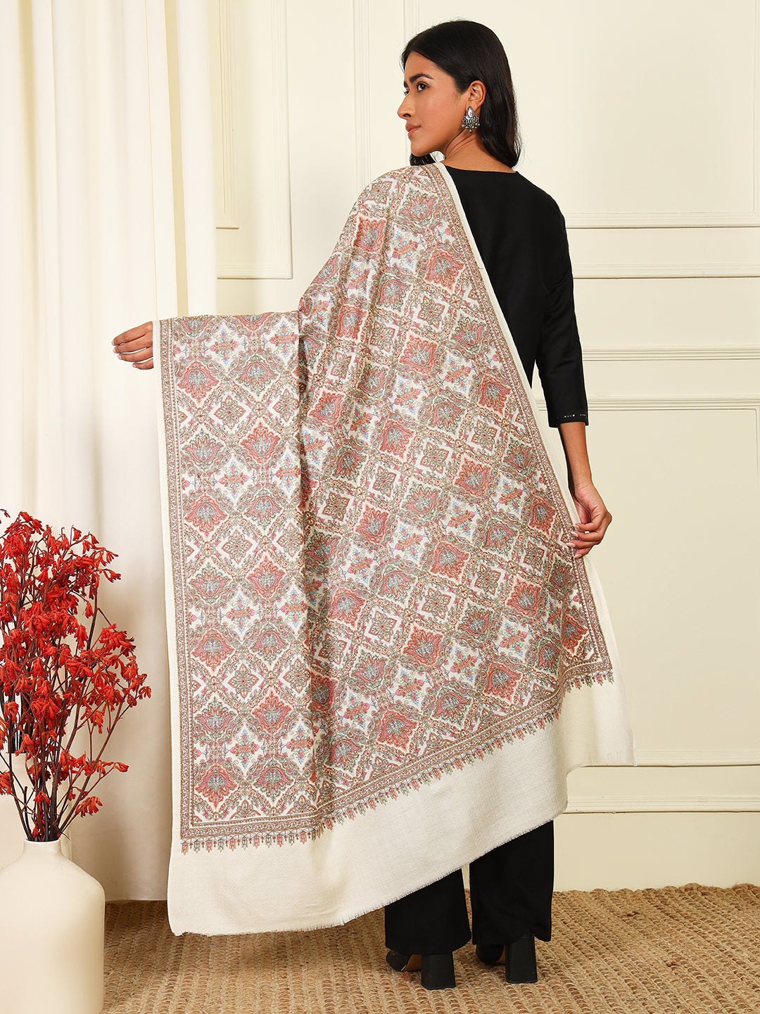 Pashmoda Women’s Zaira 100% Fine Wool Sozni Hand Embroidered Shawl (Size: 101x203 Cm)