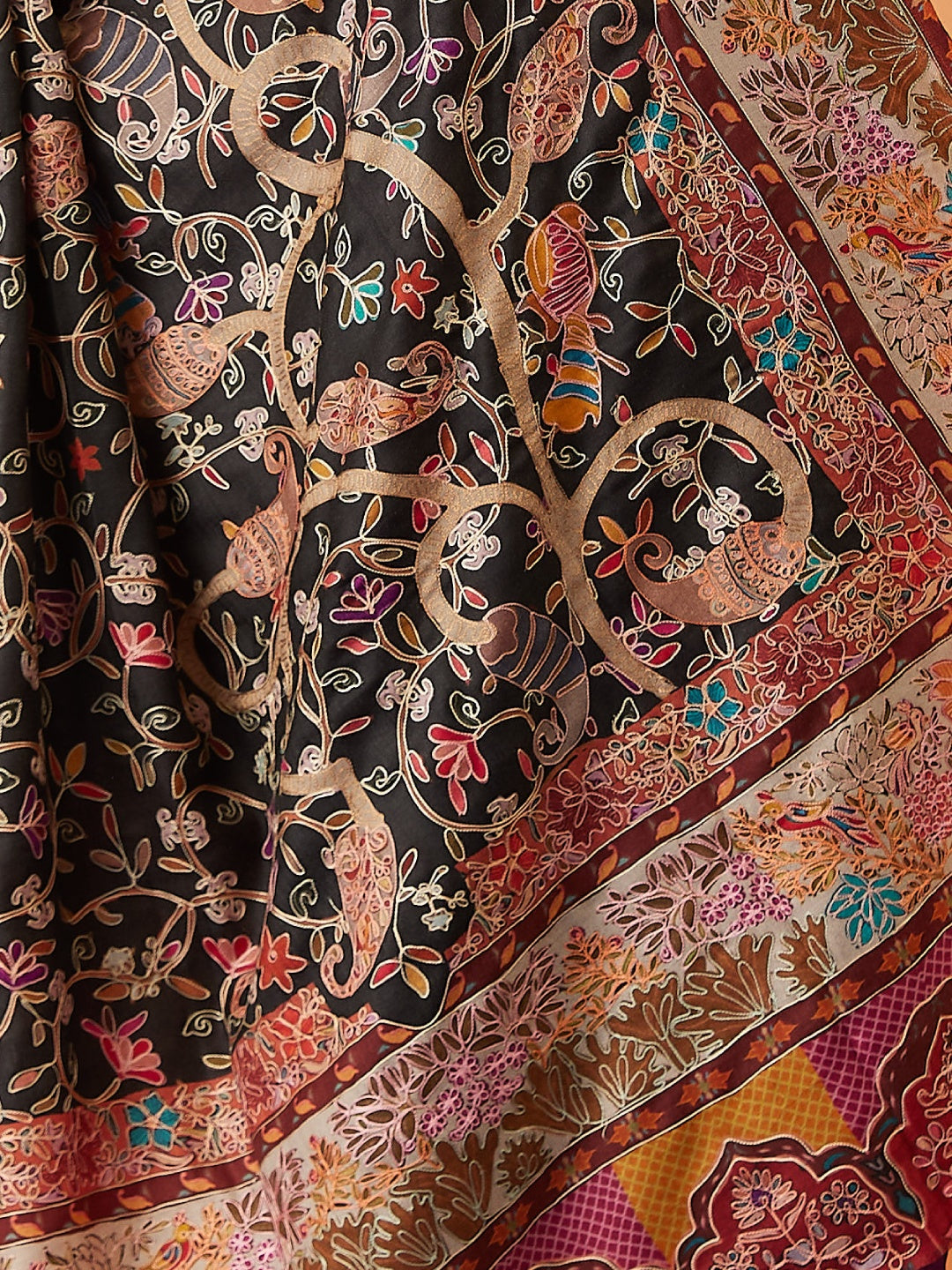 Women Bahaar Fine Wool Fabric Pashmina Kalamkari Embroidered Shawl (Size: 101x203 CM)