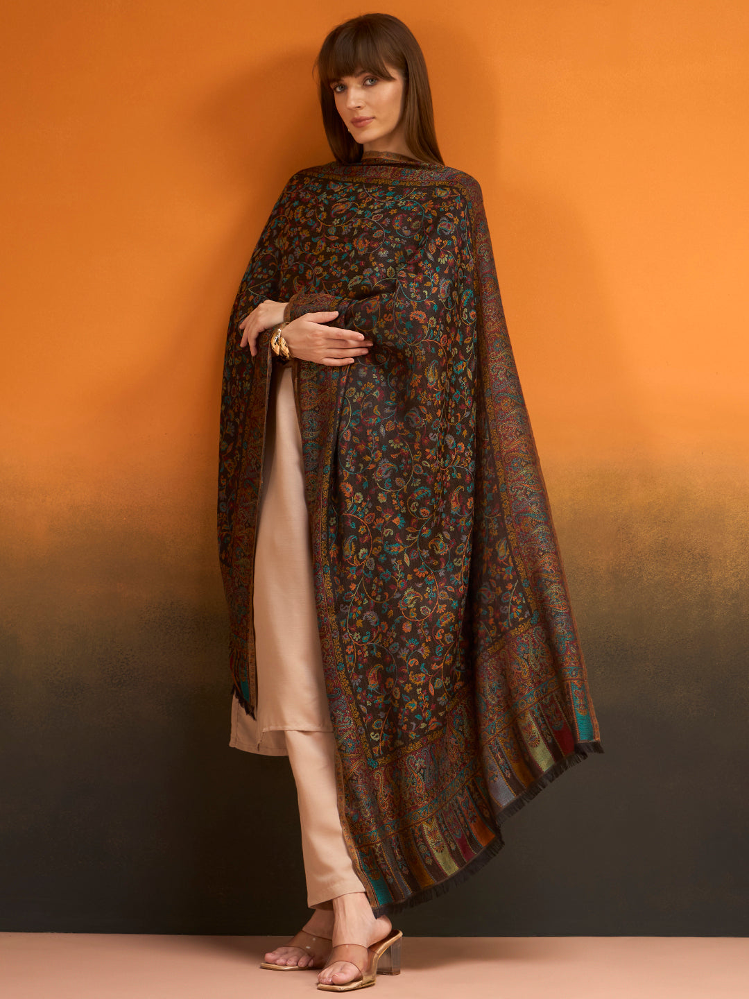 Pashmoda  Imperial Royal botanica Stole for Women, Wool Blend Pashmina Style Shawl Wrap, Traditional Kashmiri Jamawar Woven Design, Luxury Evening & Festive Scarf (28 x 80 Inches)