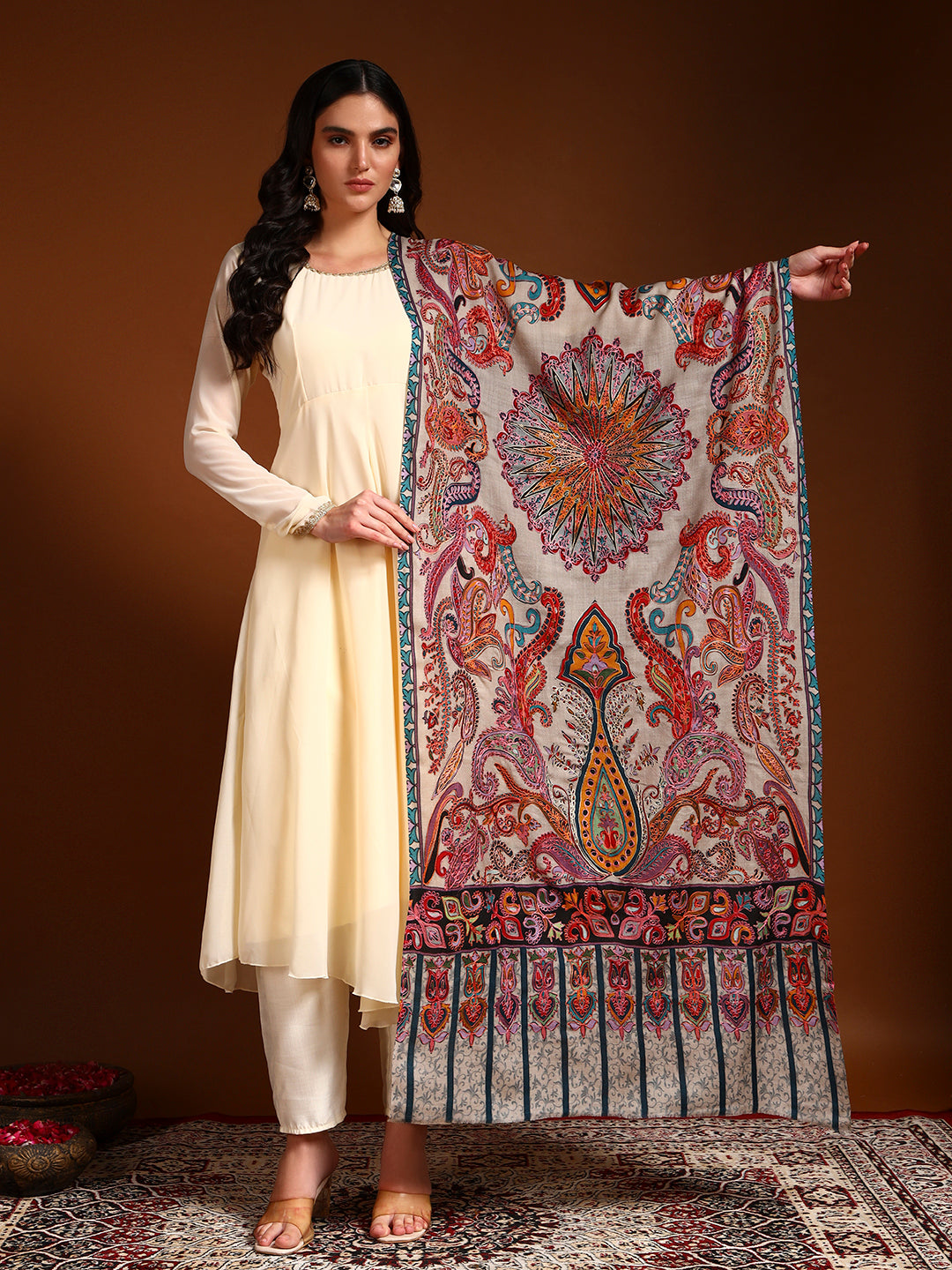 Pashmoda Women Saahtaar 100% Pure Wool Fabric Kalamkari Embroidered Stole (Size: 71x203 cm)