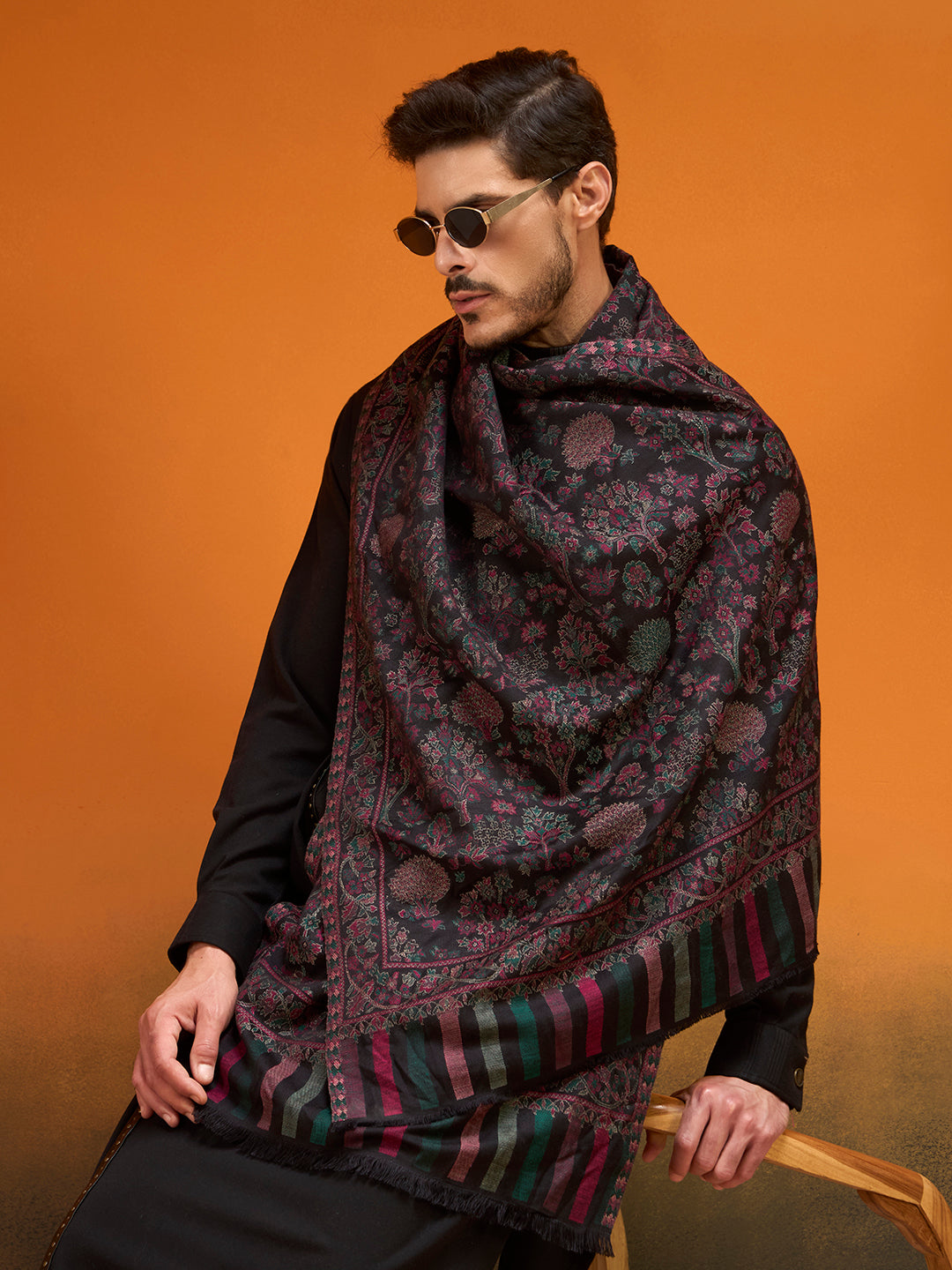 Pashmoda Men Aurelia Kaani Stole, Authentic Kashmiri Pashmina Style Wool Shawl, Gents Lohi Wrap, Traditional Jamawar Woven Design, Black Colour (28 x 80 Inches)