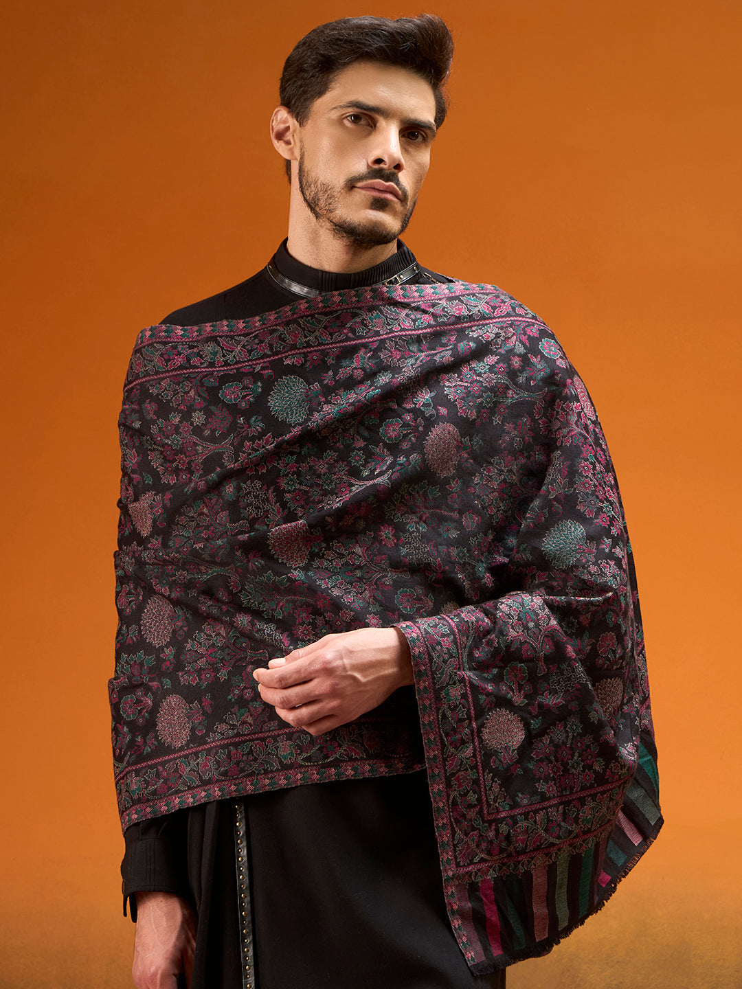 Pashmoda Men Aurelia Kaani Stole, Authentic Kashmiri Pashmina Style Wool Shawl, Gents Lohi Wrap, Traditional Jamawar Woven Design, Black Colour (28 x 80 Inches)