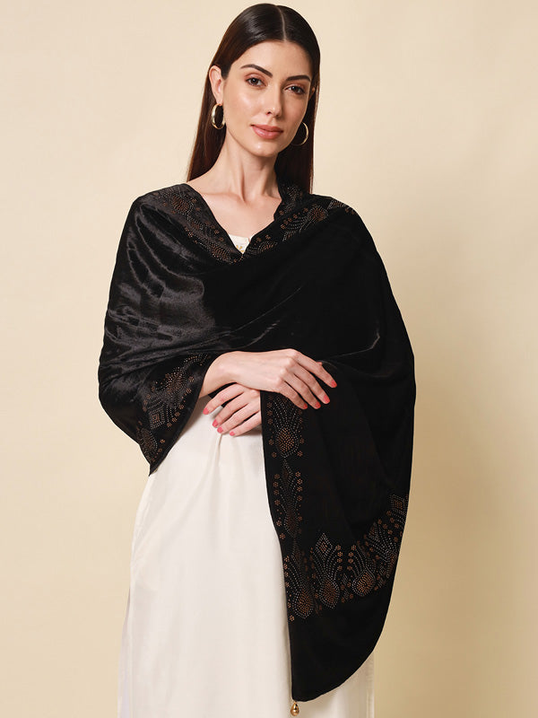 Women's Black Velvet Crystal Stole (Size:  72X207 CM)