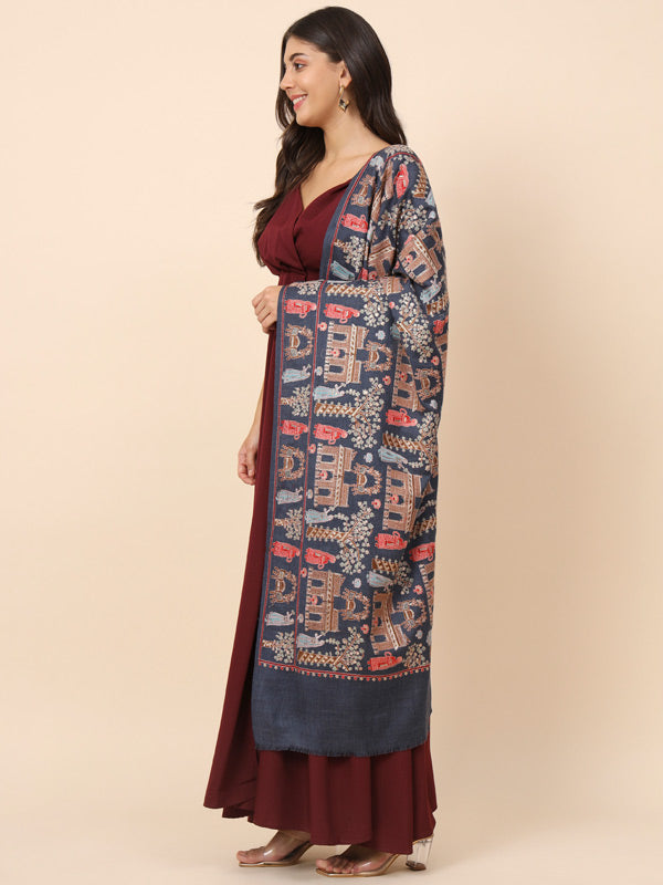 Women Navyblue Pure Wool Embroidered Stole (Size 71X203 CM)