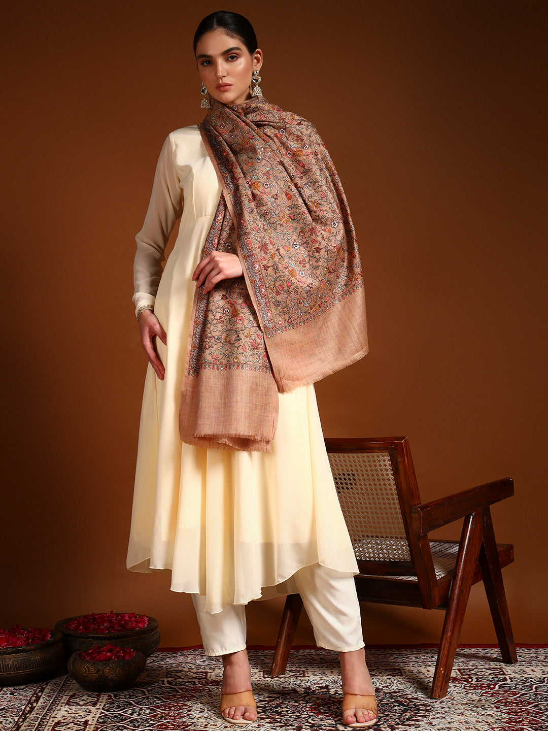 Pashmoda Women Shabnum 100% Pure Wool Sozni Hand Embroidered Stole (Size-71 × 203 cm)