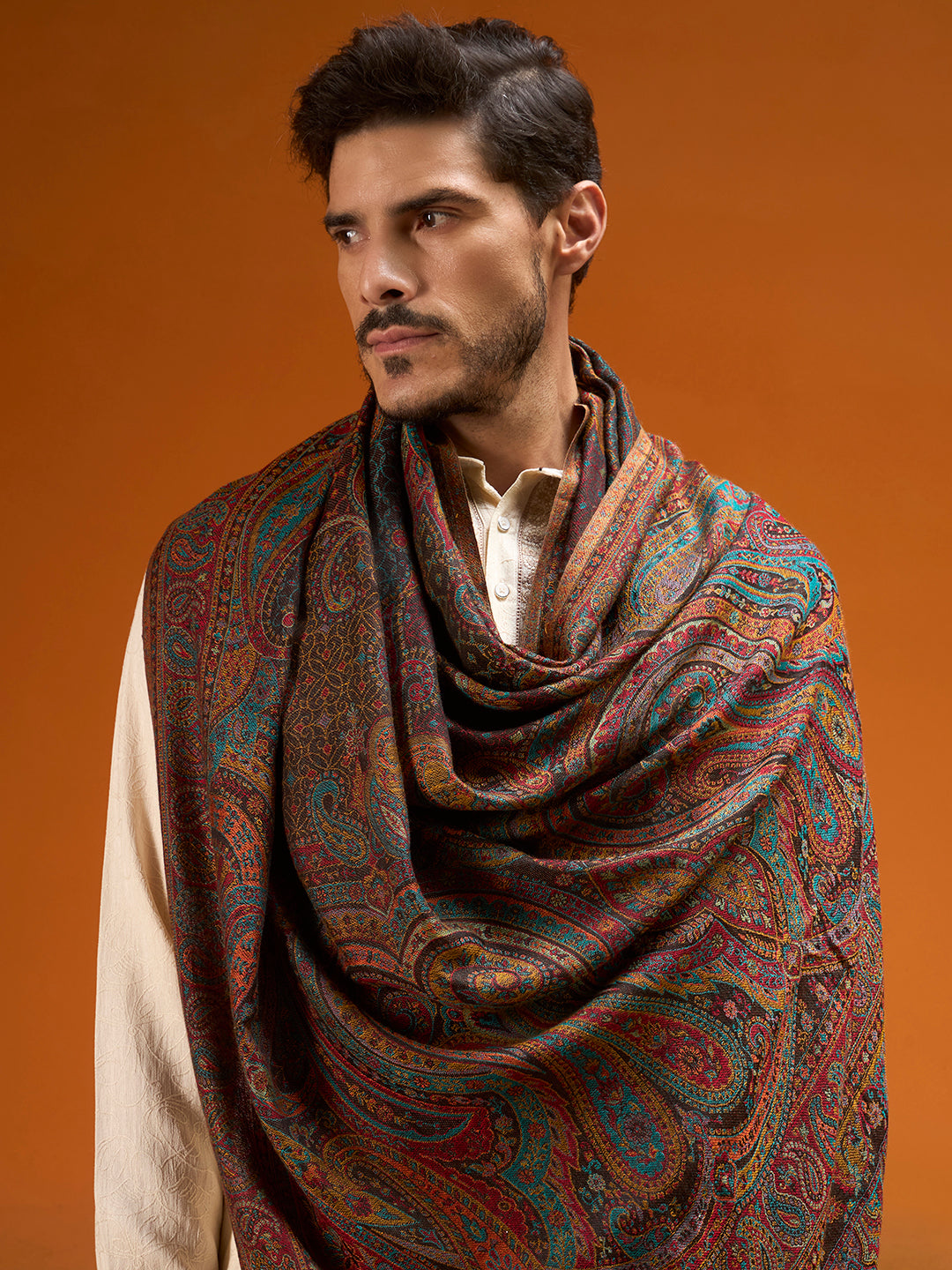 Pashmoda Men Grand Paisley Kaani Shawl, Authentic Kashmiri Pashmina Style Wrap, Medium Gents Lohi, Traditional Jamawar Woven Design, Gift Box Packed, Black Colour (40 x 80 Inches)