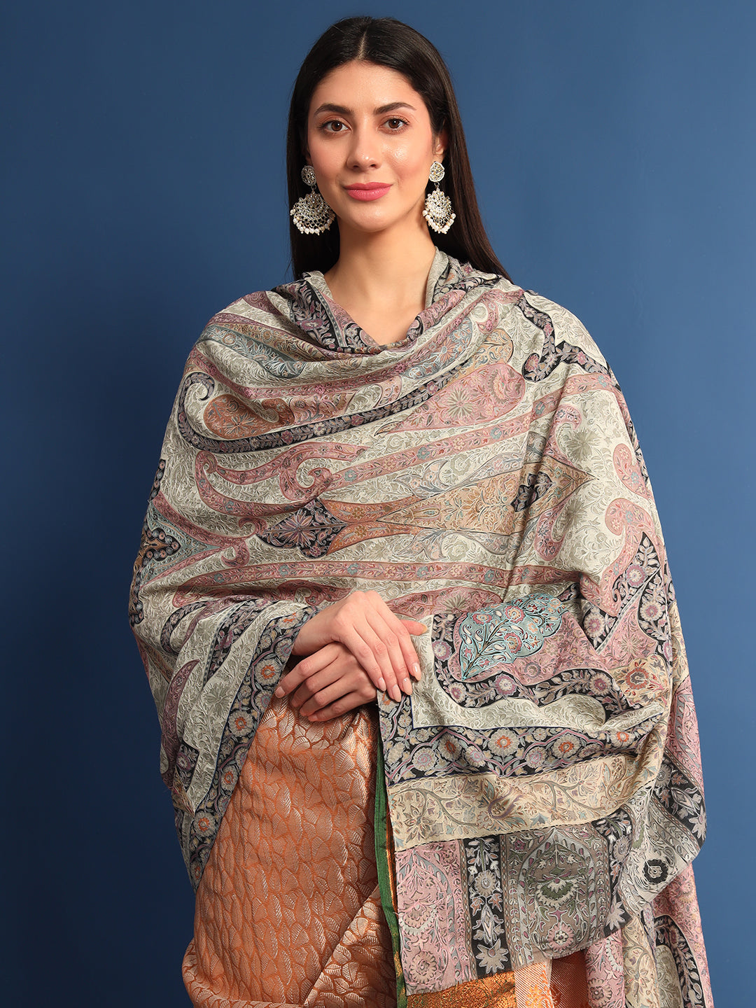 Women Safa Fine Wool Fabric Pashmina Kalamkari Embroidered Shawl (Size: 115x230 CM)