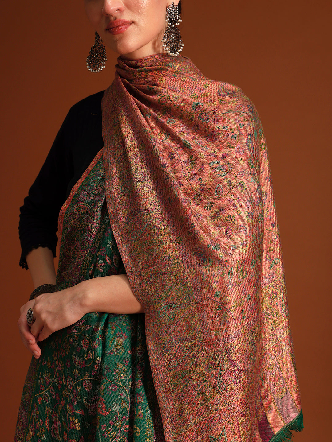 Pashmoda  Imperial Royal botanica Stole for Women, Wool Blend Pashmina Style Shawl Wrap, Traditional Kashmiri Jamawar Woven Design, Luxury Evening & Festive Scarf (28 x 80 Inches)