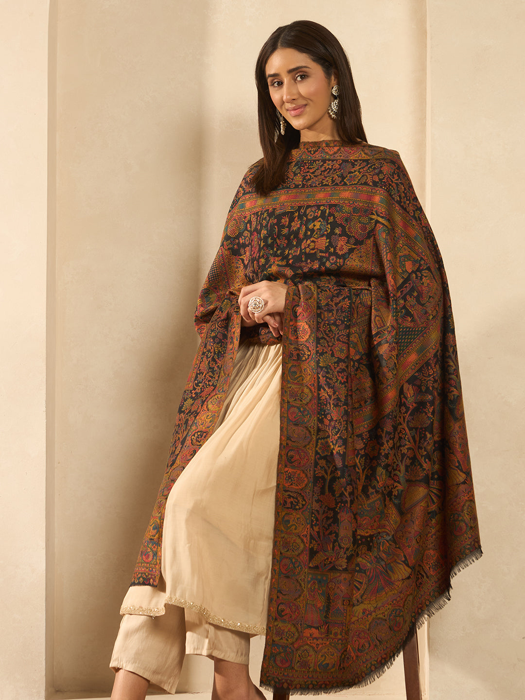 Pashmoda Women Shahi Manzar Kaani Wool Blend Kashmiri Shawl, Stole, Scarf | Luxury Pashmina Jamawar Soft Warm Evening Wrap (Size 40X80 inches )