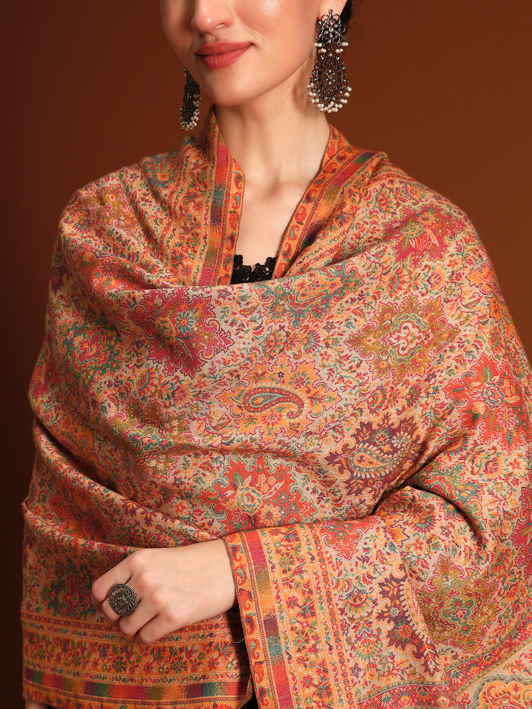 Pashmoda  Imperial Shahkaar Gulistan kaani stole Stole for Women, Wool Blend Pashmina Style Shawl Wrap, Traditional Kashmiri Jamawar Woven Design, Luxury Evening & Festive Scarf (28 x 80 Inches)