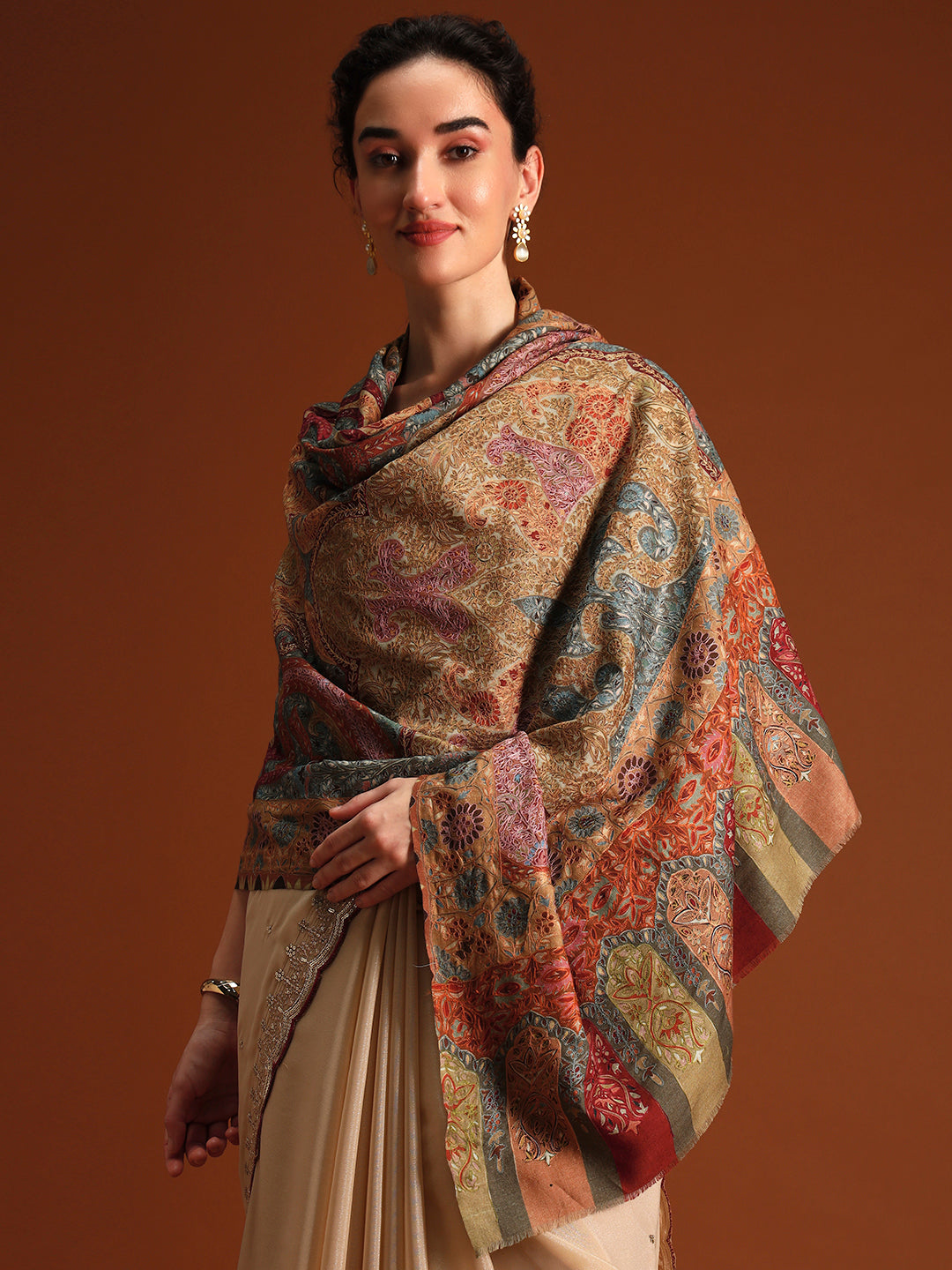 Women Kashish Fine Wool Fabric Kalamkari Embroidered Shawl