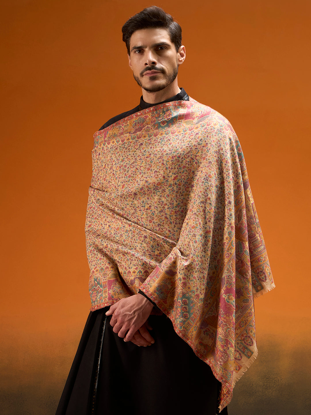 Pashmoda Men Persian Court Fine Wool Kaani Shawl, Authentic Kashmiri Pashmina Style Wrap, Medium Gents Lohi, Traditional Jamawar Woven Design, Gift Box Packed, Beige Colour (40 x 80 Inches)