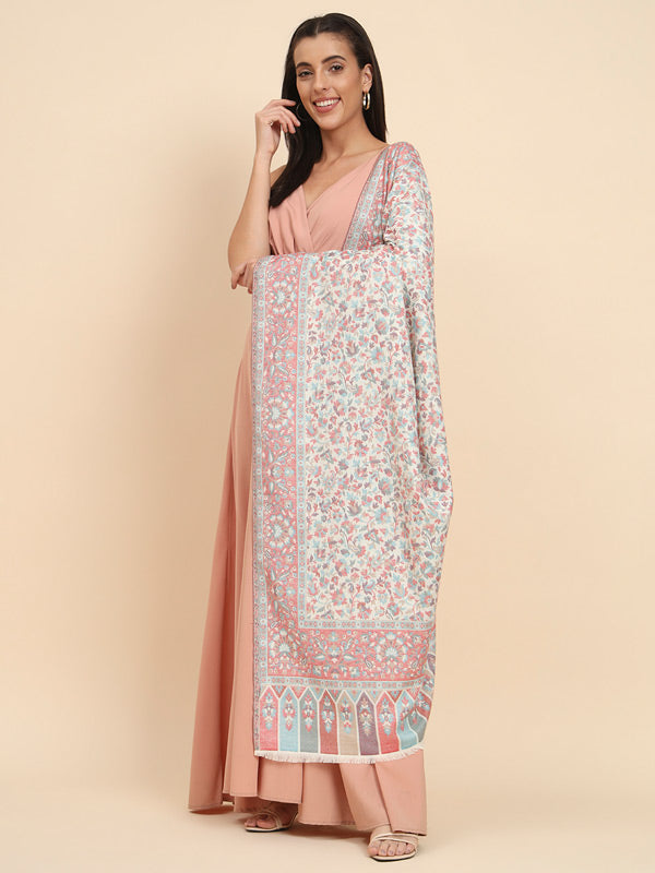 Women White Woven Design Jamawar Shawl (Size 101X203 CM)