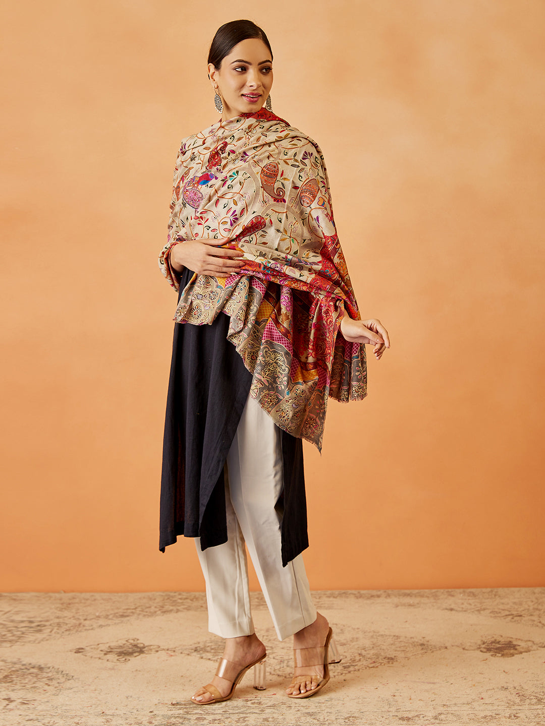 Women Bahaar Fine Wool Fabric Pashmina Kalamkari Embroidered Shawl (Size: 101x203 CM)