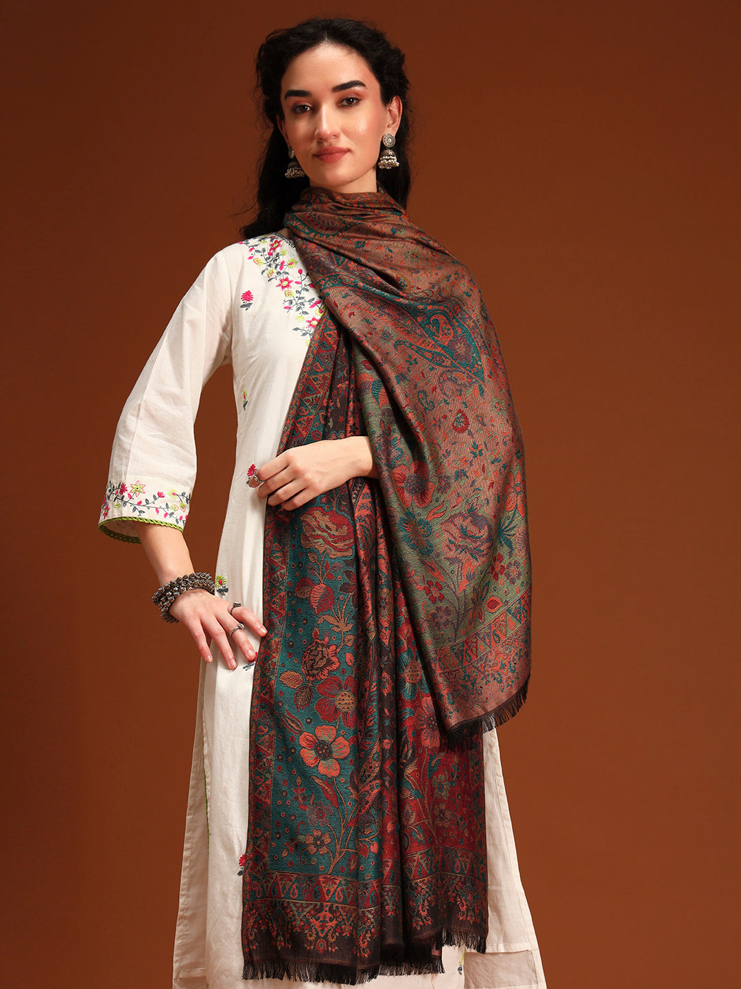 Pashmoda Women Floral Heritage Kaani Elegance Wool Blend Kashmiri Shawl, Stole, Scarf | Luxury Pashmina Jamawar Soft Warm Evening Wrap (Size 40X80 inches )