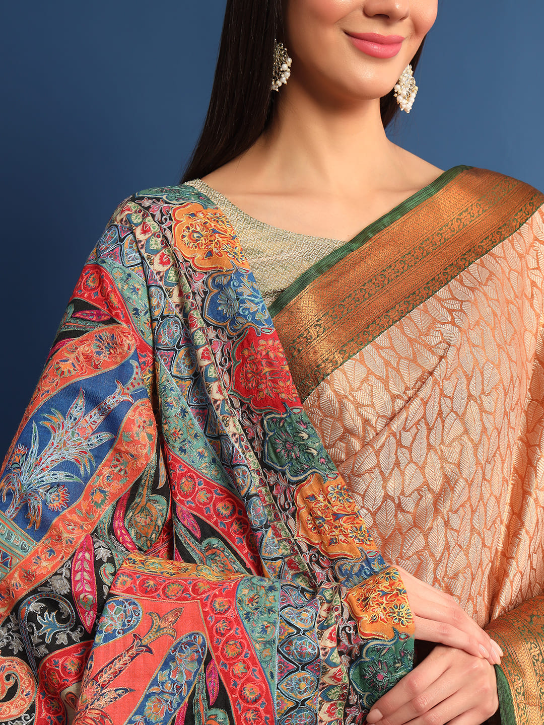 Women Gulsher Fine Wool Fabric Pashmina Kalamkari Embroidered Shawl (Size: 115x230 CM)