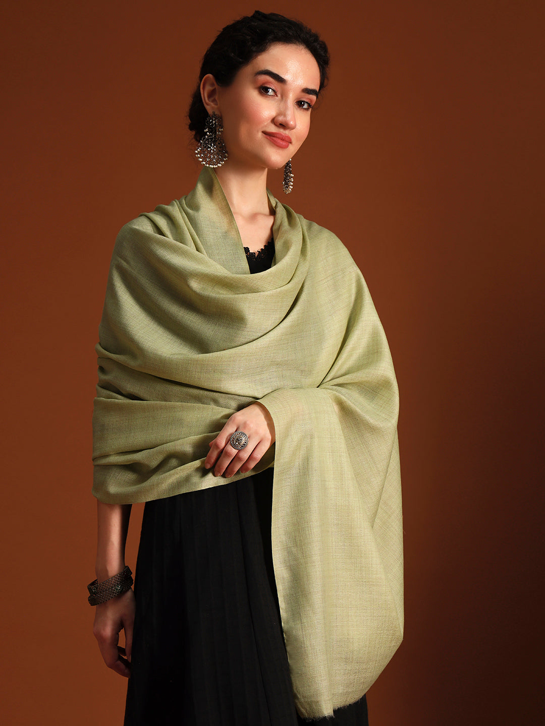 Women Verdant Grace Fine Wool Blend Solid Melange Shawl