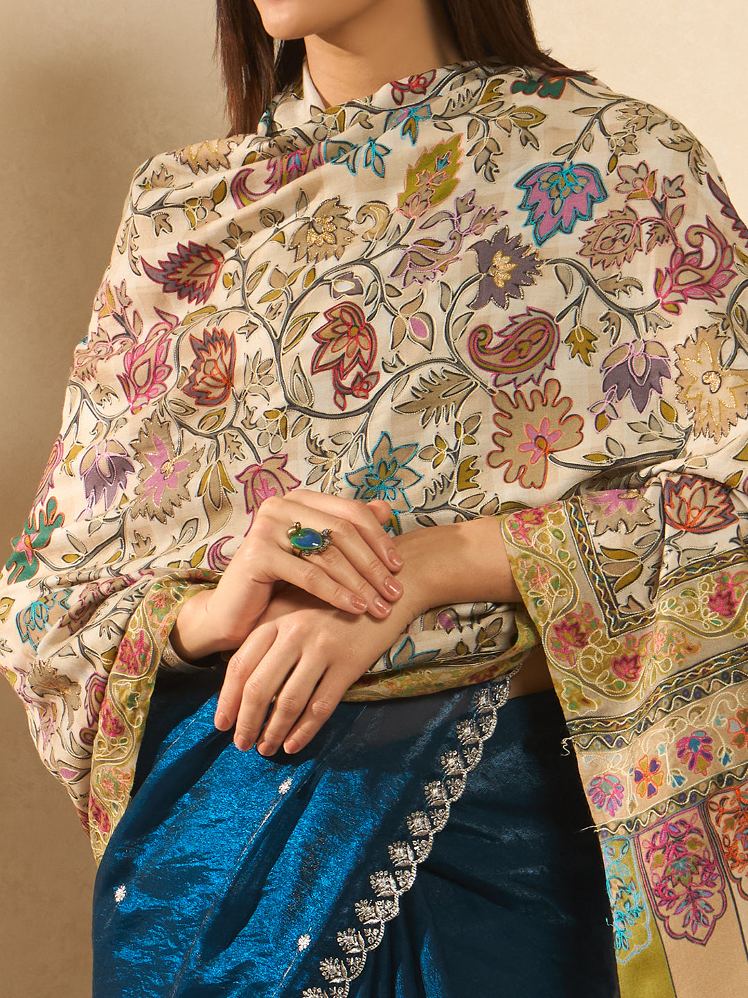 Women Nazakat Fine Wool Fabric Kalamkari Embroidered Shawl,