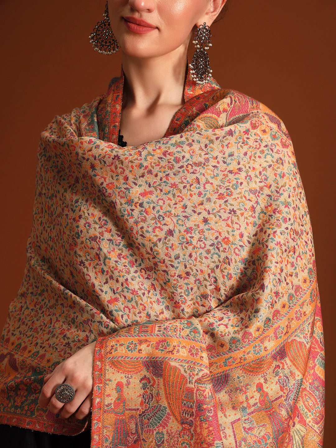 Pashmoda  Imperial Persian Court kaani stole Stole for Women, Wool Blend Pashmina Style Shawl Wrap, Traditional Kashmiri Jamawar Woven Design, Luxury Evening & Festive Scarf (28 x 80 Inches)