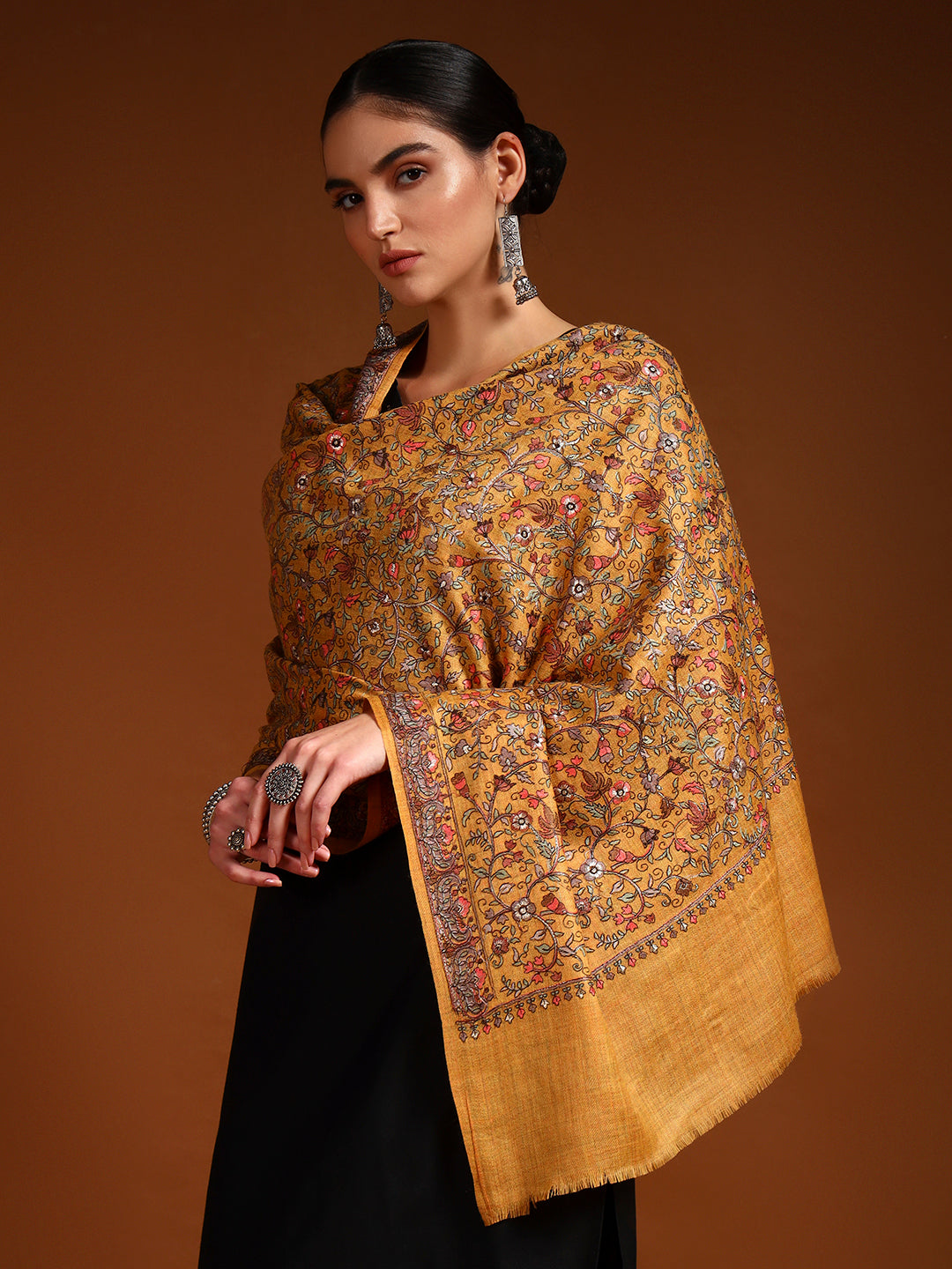 Pashmoda Women Shabnum 100% Pure Wool Sozni Hand Embroidered Stole (Size-71 × 203 cm)