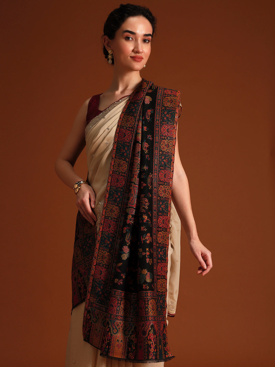 Pashmoda  Imperial Caravan kaani stole Stole for Women, Wool Blend Pashmina Style Shawl Wrap, Traditional Kashmiri Jamawar Woven Design, Luxury Evening & Festive Scarf (28 x 80 Inches)