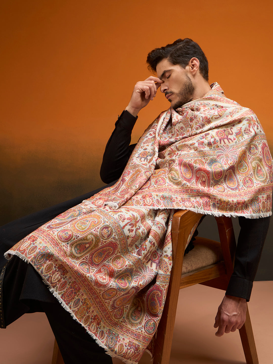 Pashmoda Men Kaani Orchard Fine Wool Kaani Shawl, Authentic Kashmiri Pashmina Style Wrap, Medium Gents Lohi, Traditional Jamawar Woven Design, Gift Box Packed, White Colour (40 x 80 Inches)