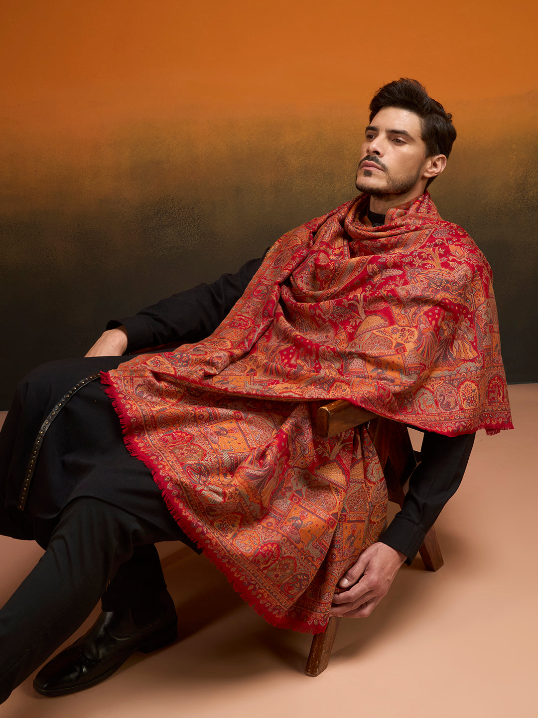 Pashmoda Men Shahi Manzar Fine Wool Kaani Shawl, Authentic Kashmiri Pashmina Style Wrap, Medium Gents Lohi, Traditional Jamawar Woven Design, Gift Box Packed, Maroon Colour (40 x 80 Inches)