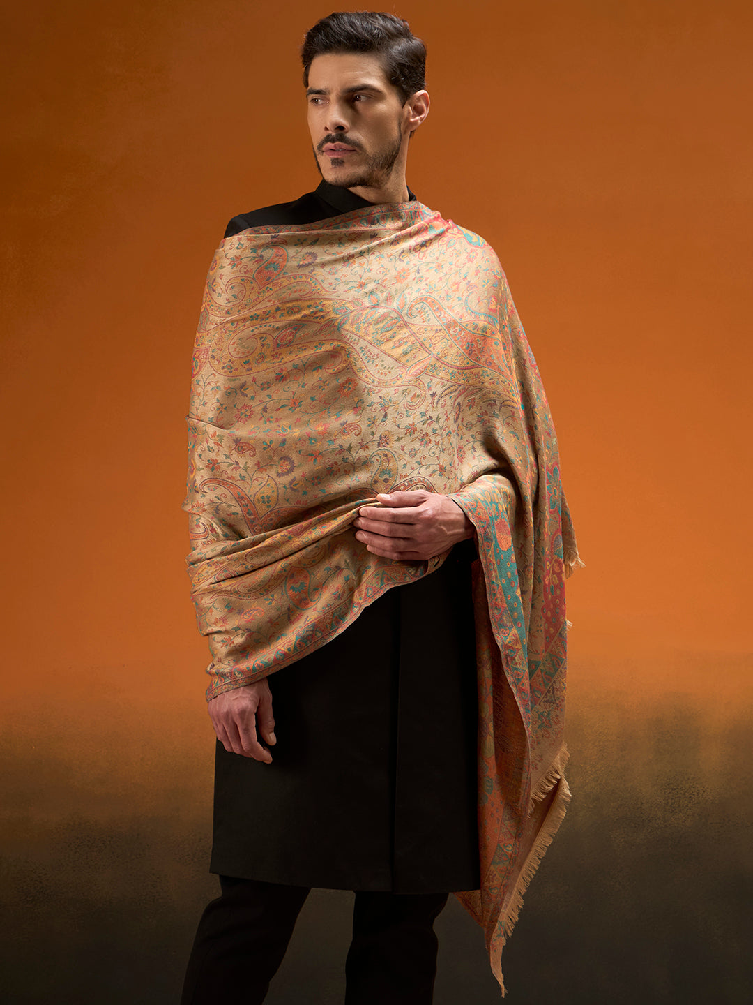 Pashmoda Men Grand Paisley Kaani Shawl, Authentic Kashmiri Pashmina Style Wrap, Medium Gents Lohi, Traditional Jamawar Woven Design, Gift Box Packed, Beige Colour (40 x 80 Inches)