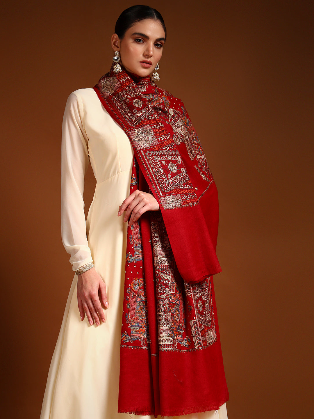 Pashmoda Women Zavian 100% Pure Wool Sozni Hand Embroidered Shawl (Size: 101x203 Cm)