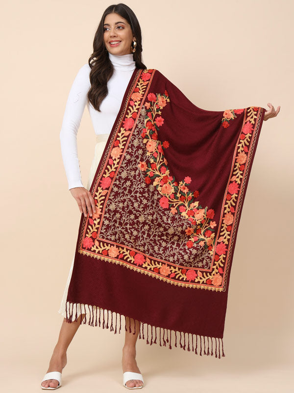 Women’s Wine Aari Embroidered Stole (Size 71X203 CM)