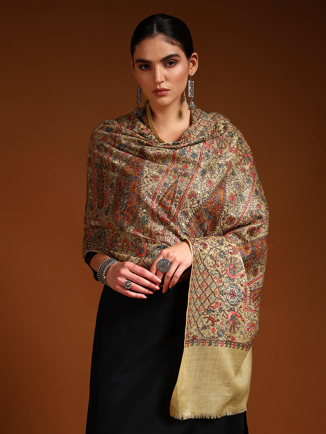 Pashmoda Women Nafeesah 100% Pure Wool Sozni Hand Embroidered Stole (Size-71x203cm)