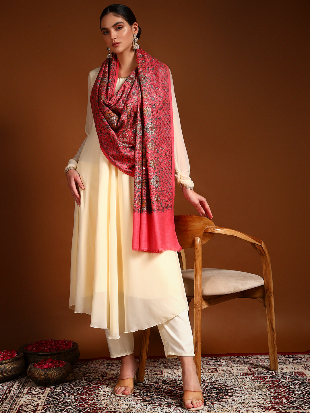 Pashmoda Women Nafeesah 100% Pure Wool Sozni Hand Embroidered Stole (Size-71x203cm)