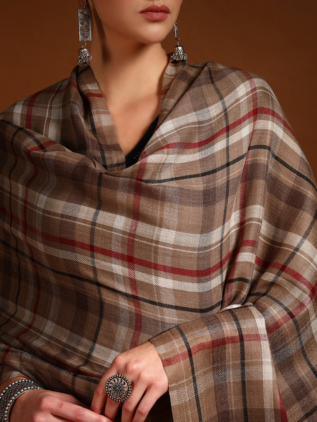 Women 100% Pure Wool Checkered Stole, Sustainable and Natural Fabric (Size 71x203 CM)