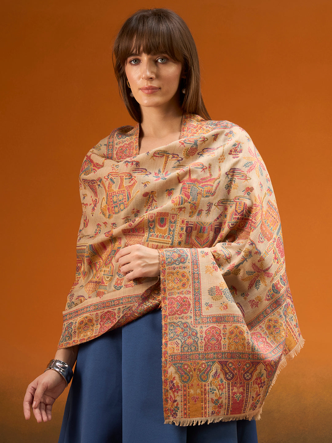 Pashmoda  Imperial Caravan kaani stole Stole for Women, Wool Blend Pashmina Style Shawl Wrap, Traditional Kashmiri Jamawar Woven Design, Luxury Evening & Festive Scarf (28 x 80 Inches)