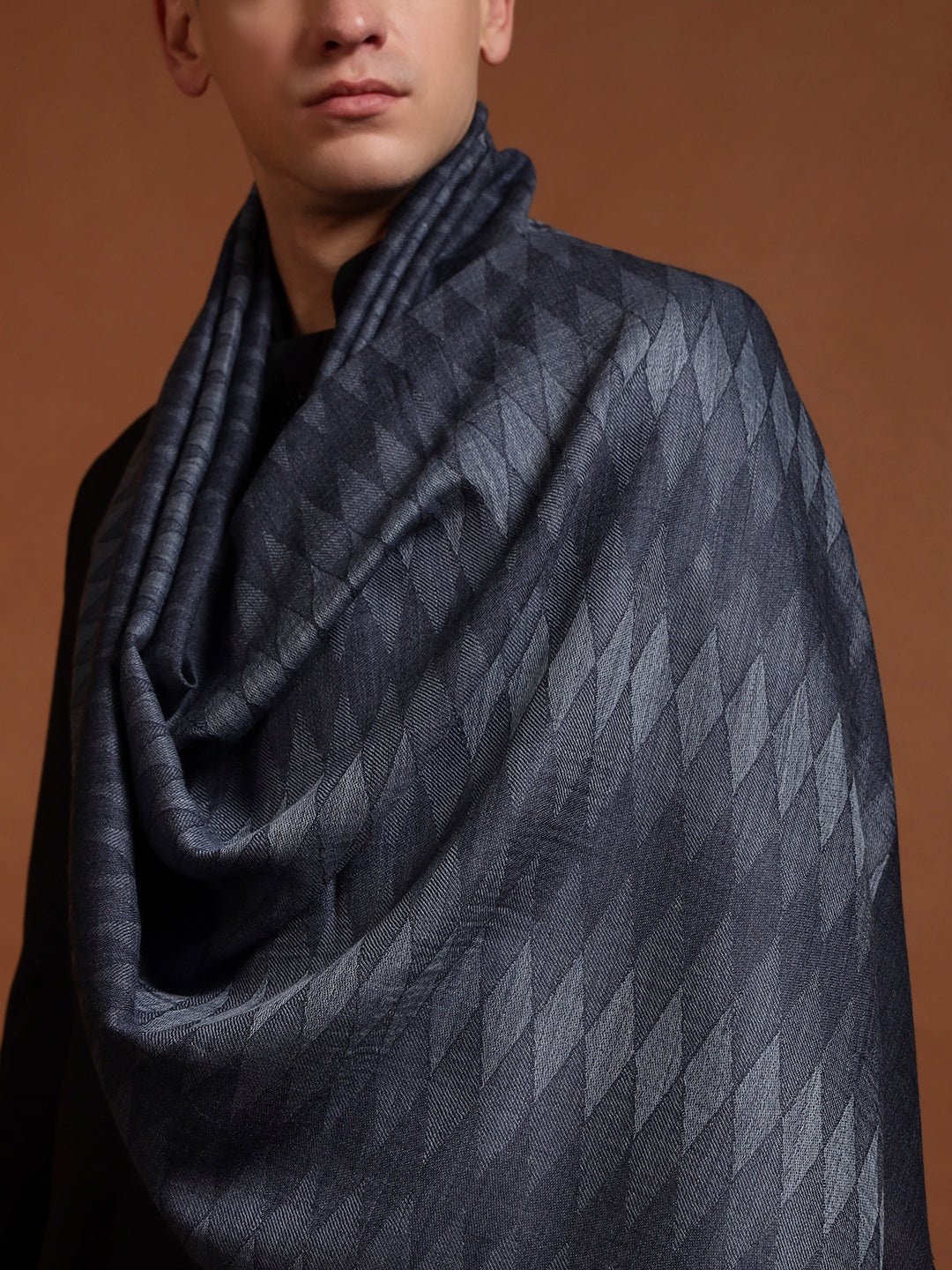 Pashmoda Men 100% Pure Wool Checkered Ikat Stole, Natural & Sustainable Shawl Wrap, Heritage Kashmiri Pashmina Style, Blue Colour (28 x 80 Inches)