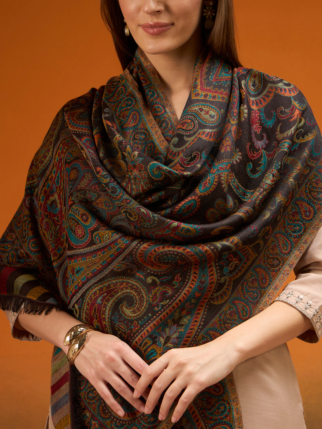 Pashmoda  Imperial Ambi Kaani Stole for Women, Wool Blend Pashmina Style Shawl Wrap, Traditional Kashmiri Jamawar Woven Design, Luxury Evening & Festive Scarf (28 x 80 Inches)