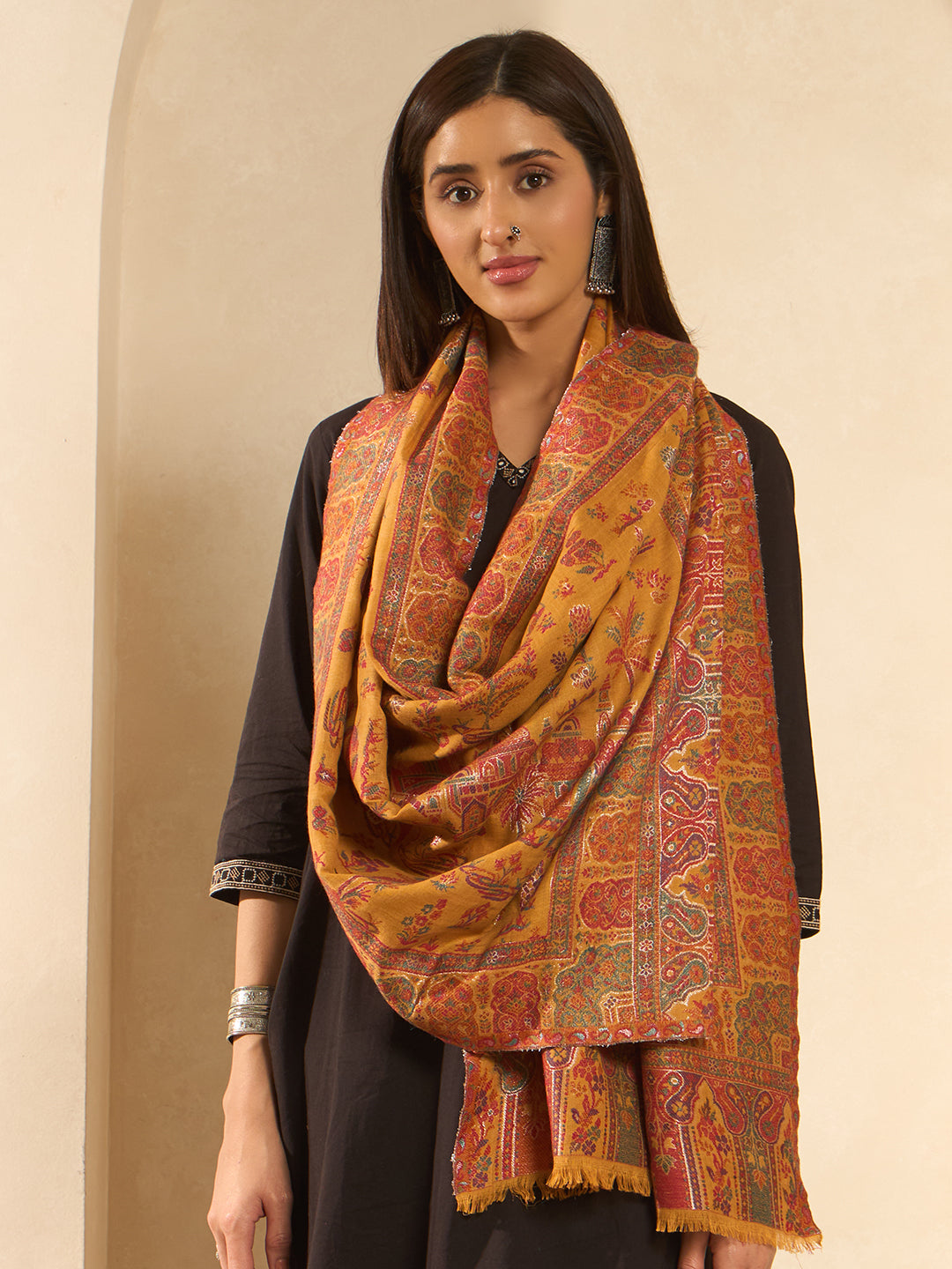 Pashmoda  Imperial Caravan kaani stole Stole for Women, Wool Blend Pashmina Style Shawl Wrap, Traditional Kashmiri Jamawar Woven Design, Luxury Evening & Festive Scarf (28 x 80 Inches)