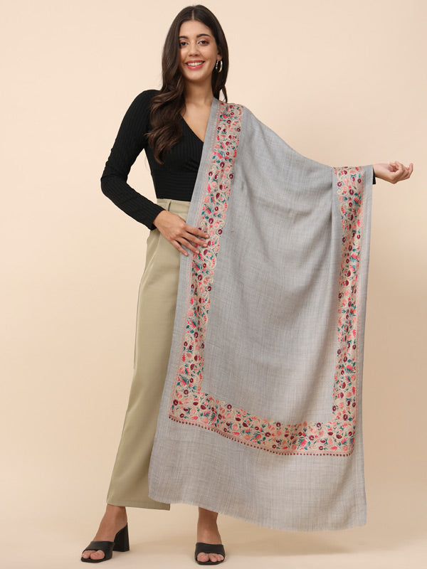 Women Light Grey Pure Wool Nalki Embroidered Stole (Size 71X203 CM)