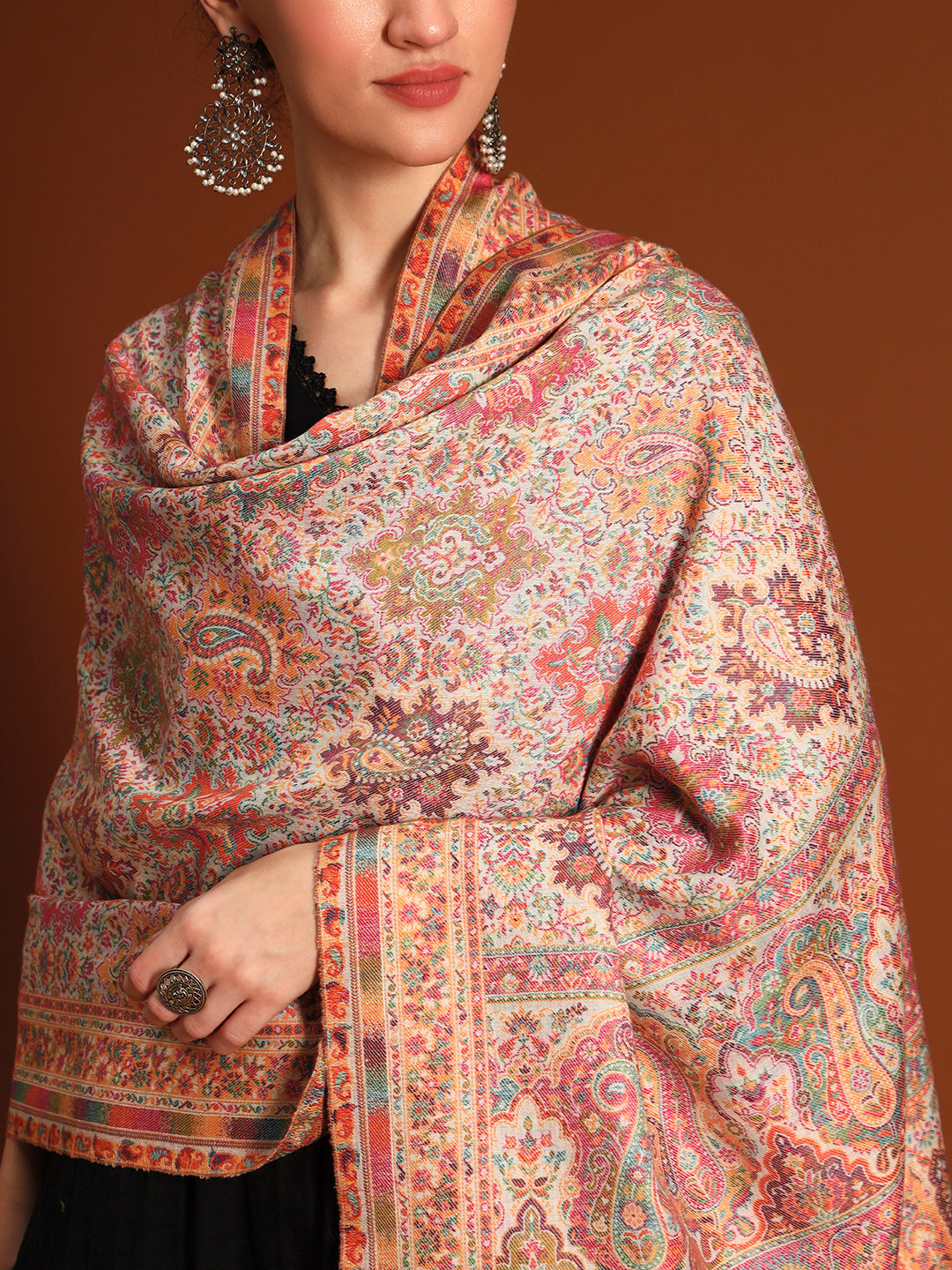 Pashmoda Imperial Shahkaar Gulistan kaani stole Stole for Women, Wool Blend Pashmina Style Shawl Wrap, Traditional Kashmiri Jamawar Woven Design, Luxury Evening & Festive Scarf (28 x 80 Inches)