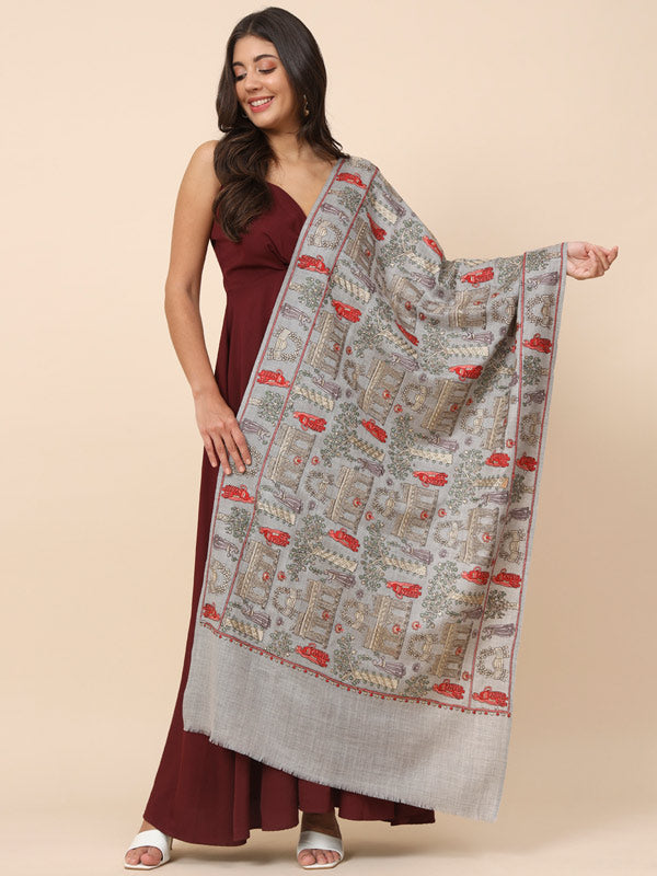 Women Light Grey Pure Wool Embroidered Stole (Size 71X203 CM)