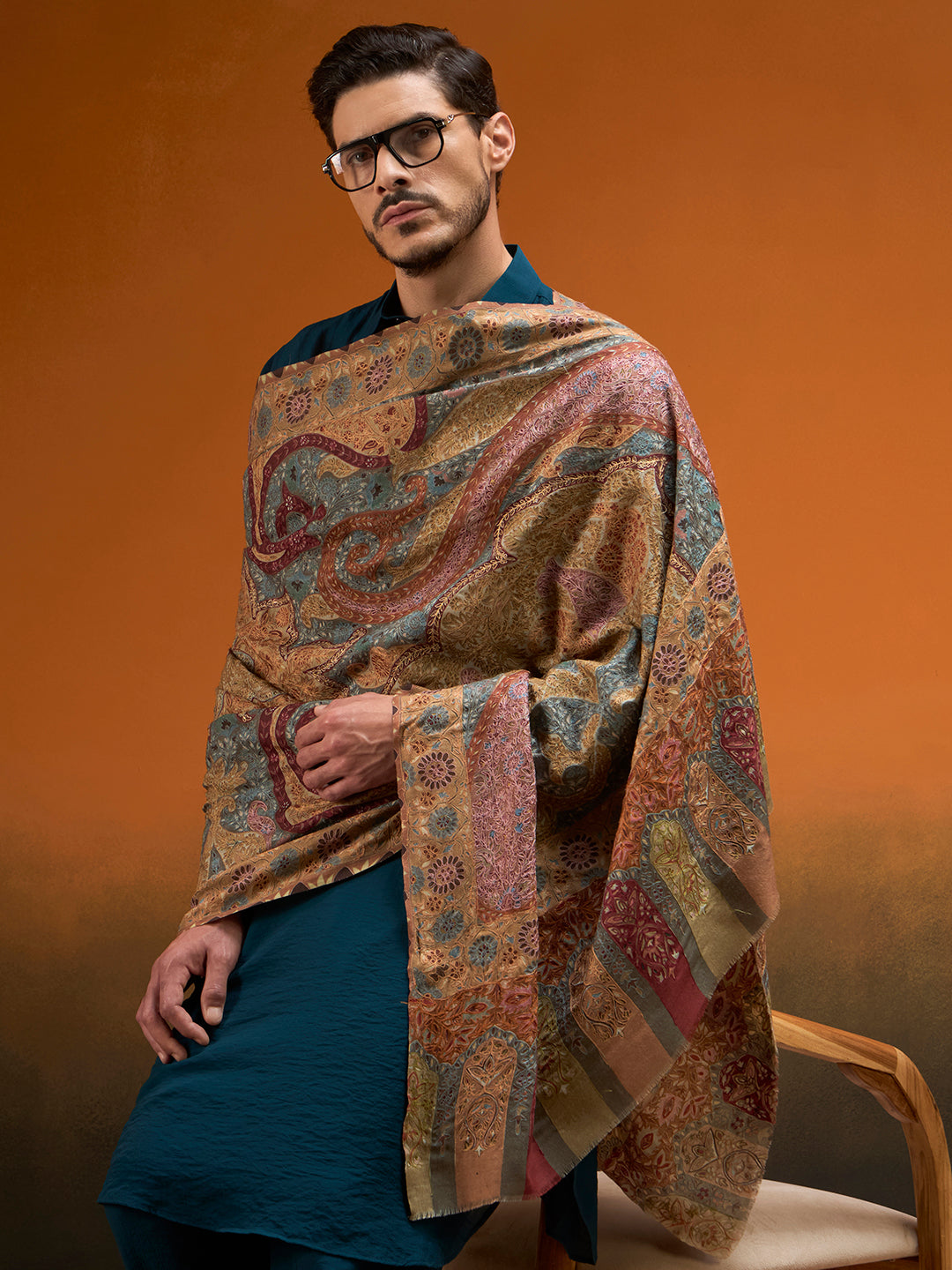 Men Kashish Fine Wool Kalamkari Embroidered Shawl