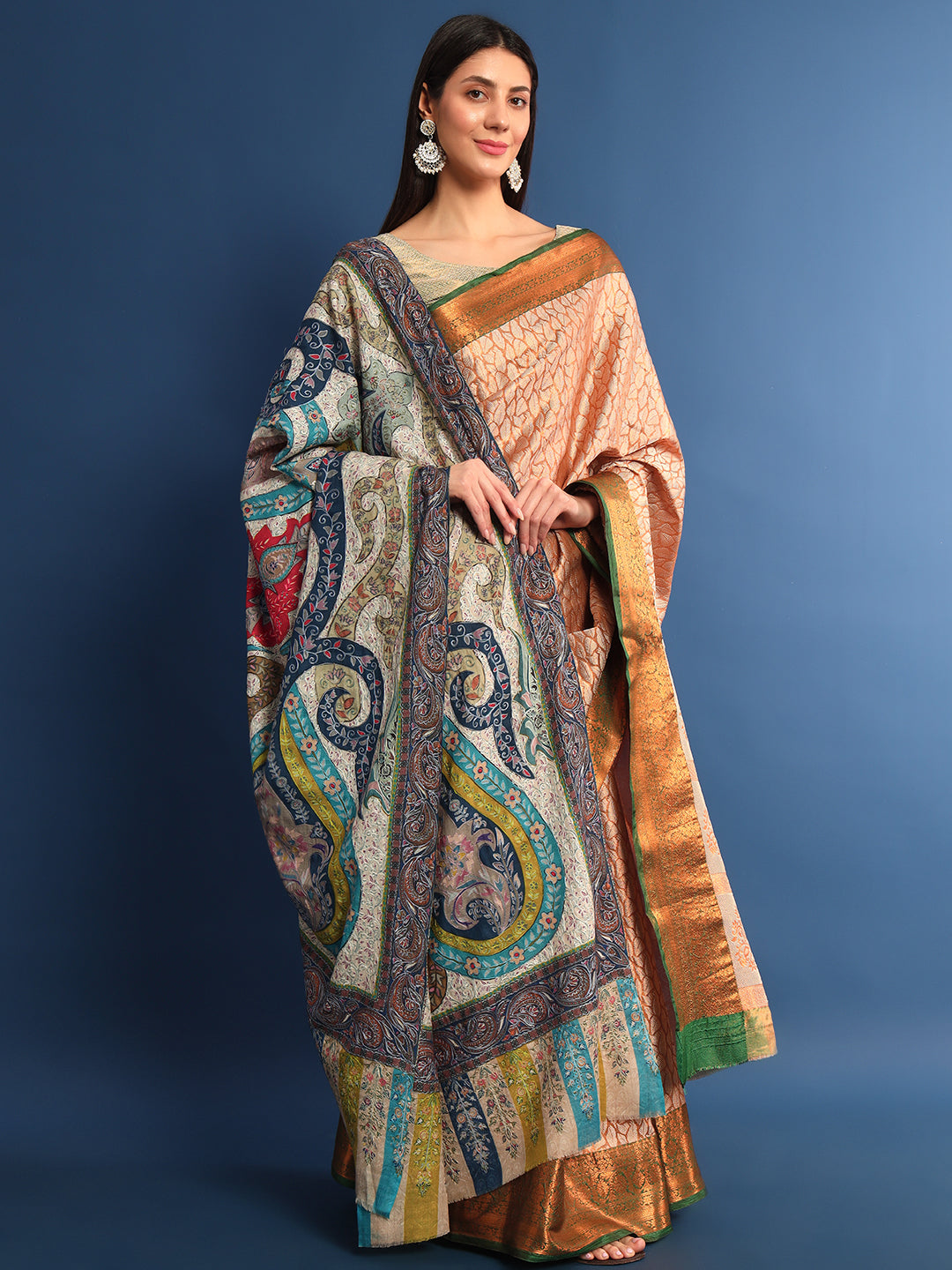 Women Mehar Fine Wool Fabric Pashmina Kalamkari Embroidered Shawl (Size: 115x230 CM)