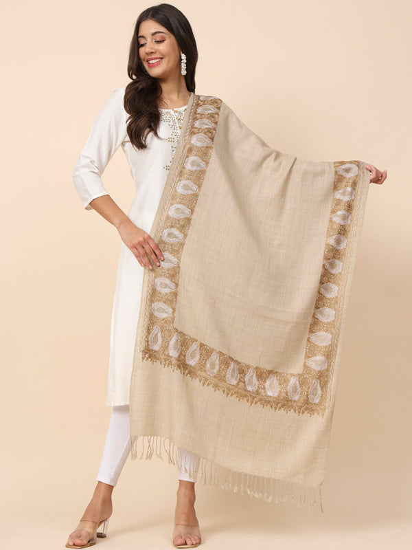 Women Beige Crystal Embellished Embroidered Stole (Size 71X203 CM)